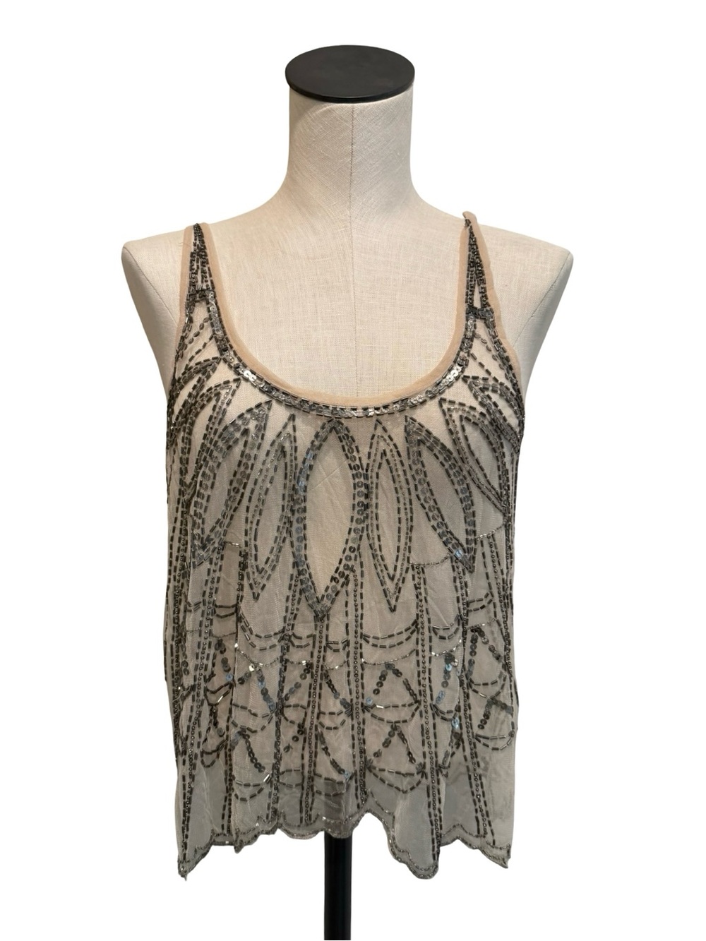 Beaded Cream Tank Top with Silver Embellishment